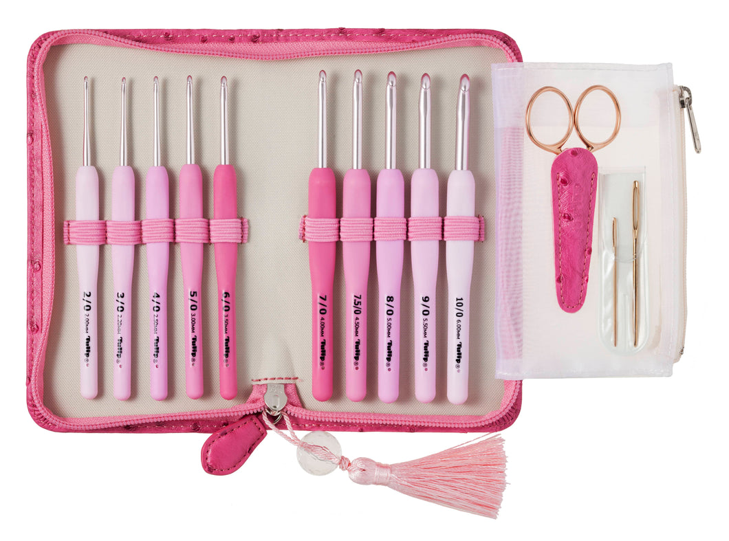 ETIMO Rose Crochet Hook Set with Case | Japanese Crochet Hooks | Soft Grip Crochet Tools | Pink Crochet Gift Set Made in Japan TER-001